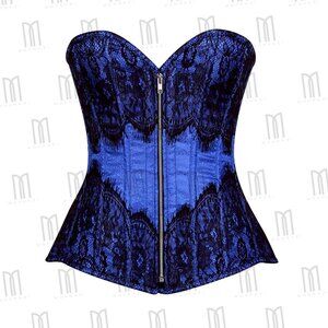 Blue and Black Overbust Corset with Eyelash Lace Overlay & Silver Zipper